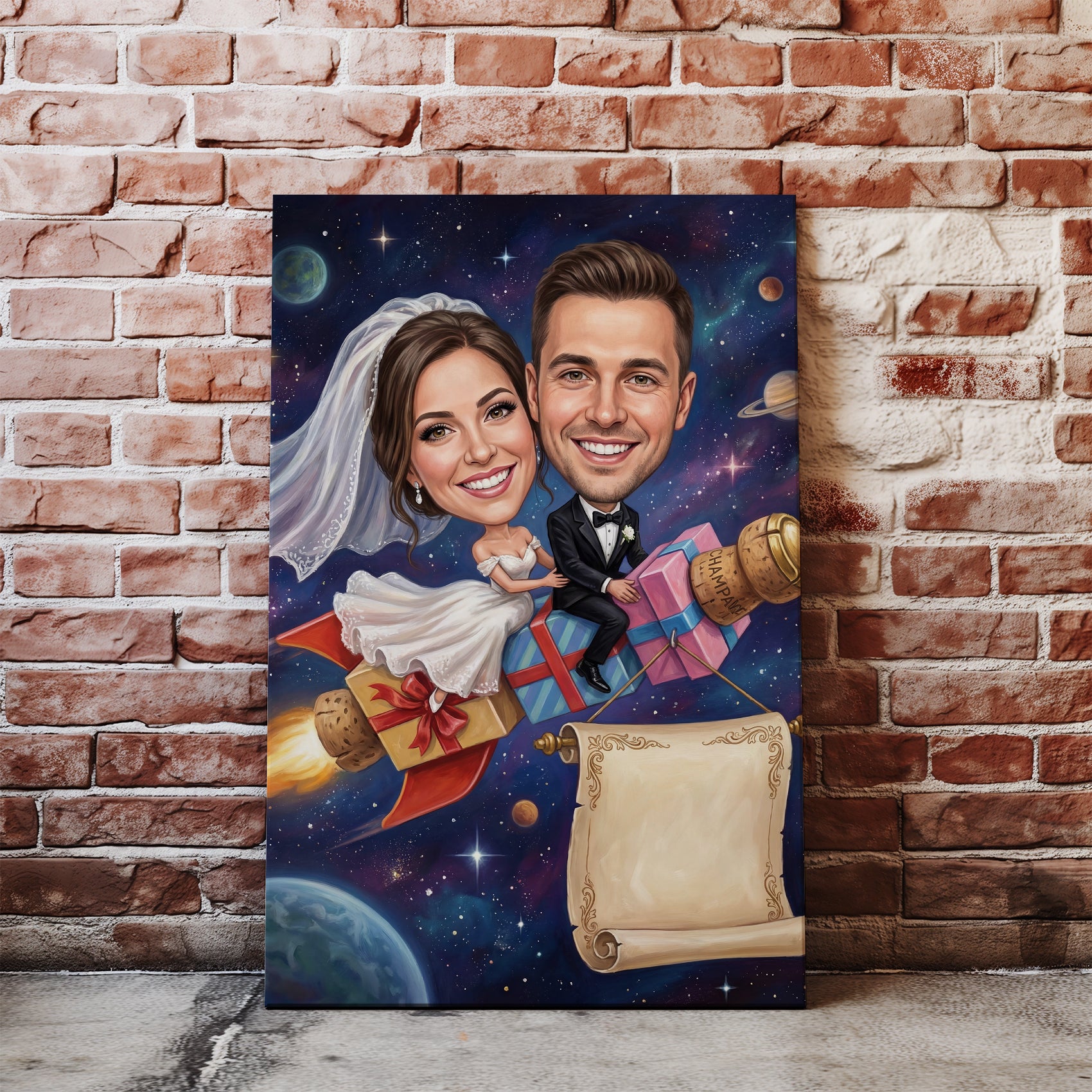 Personalized wedding caricature canvas print of cartoon couple on champagne rocket in space