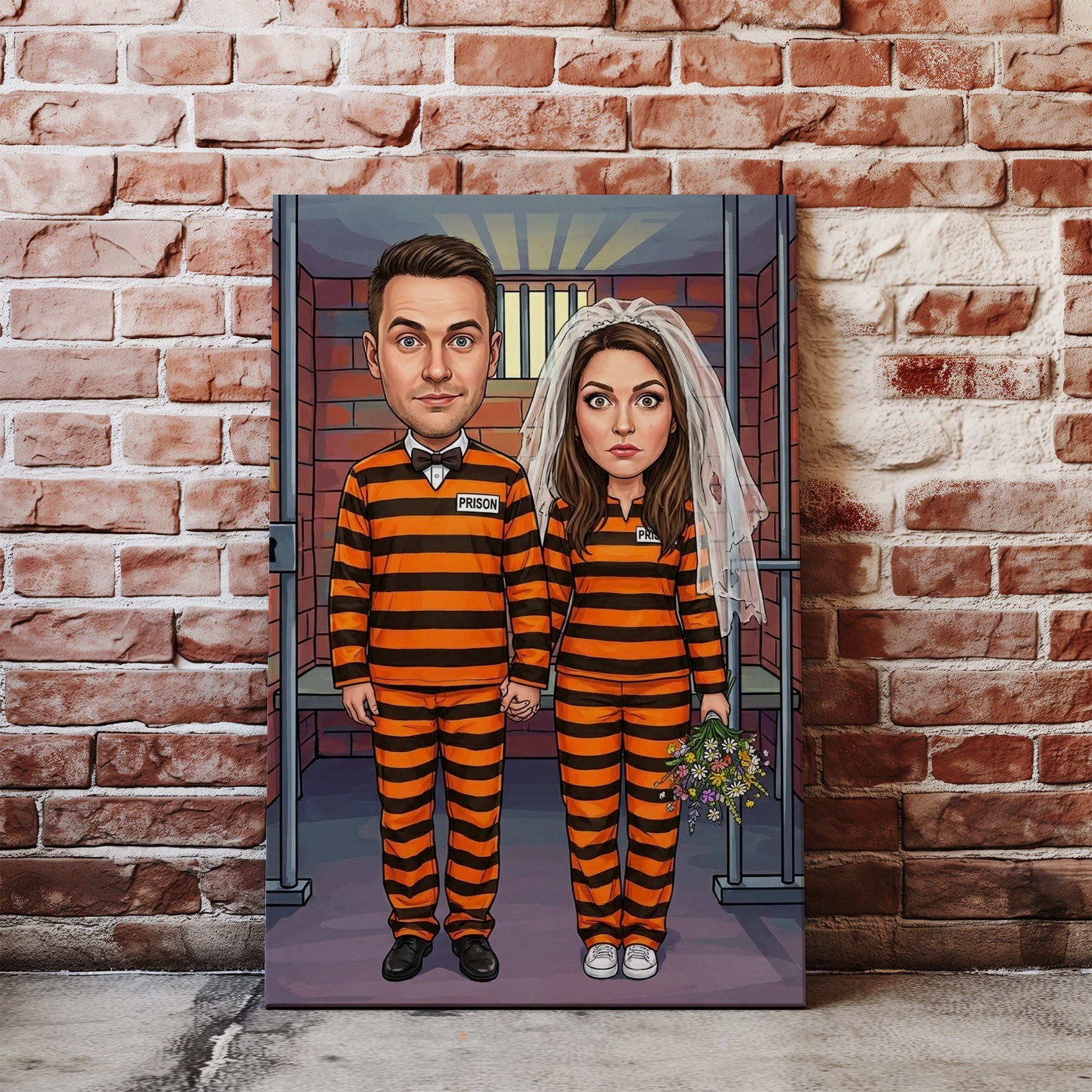 Cartoon wedding caricature of couple in prison uniforms with flowers