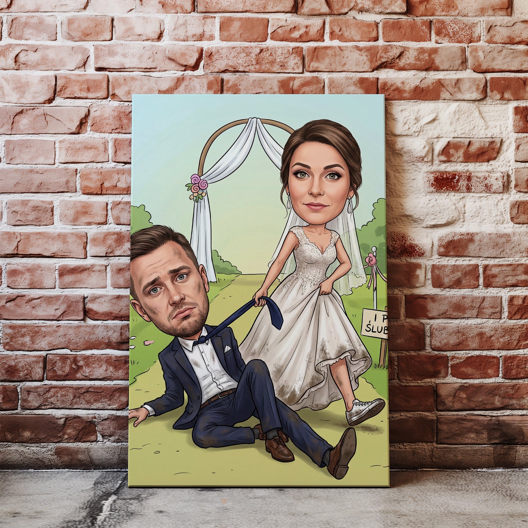 Personalizowana karykatura ślubna na płótnie - para młoda przy ścianie