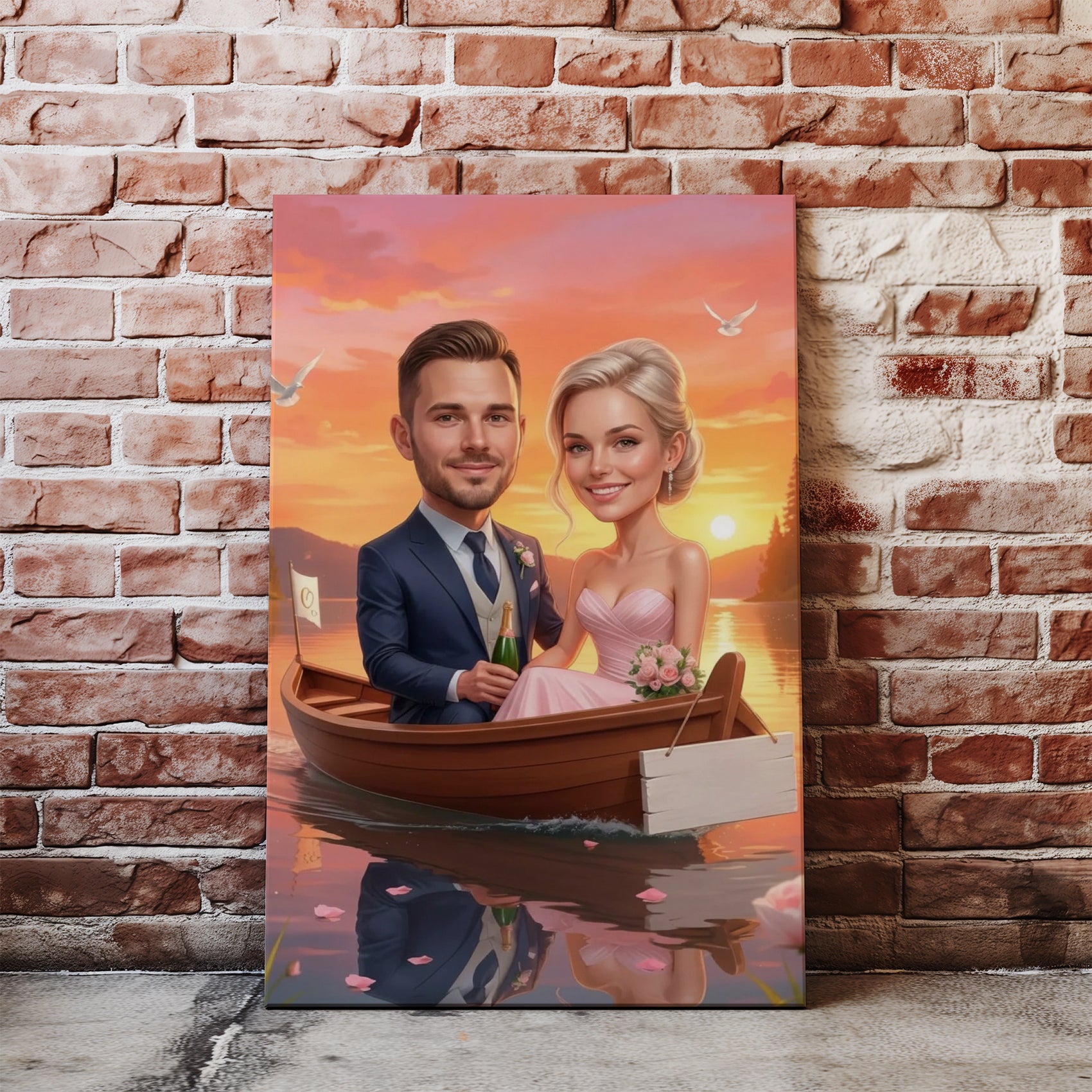 Personalized romantic wedding caricature of smiling couple in boat at sunset