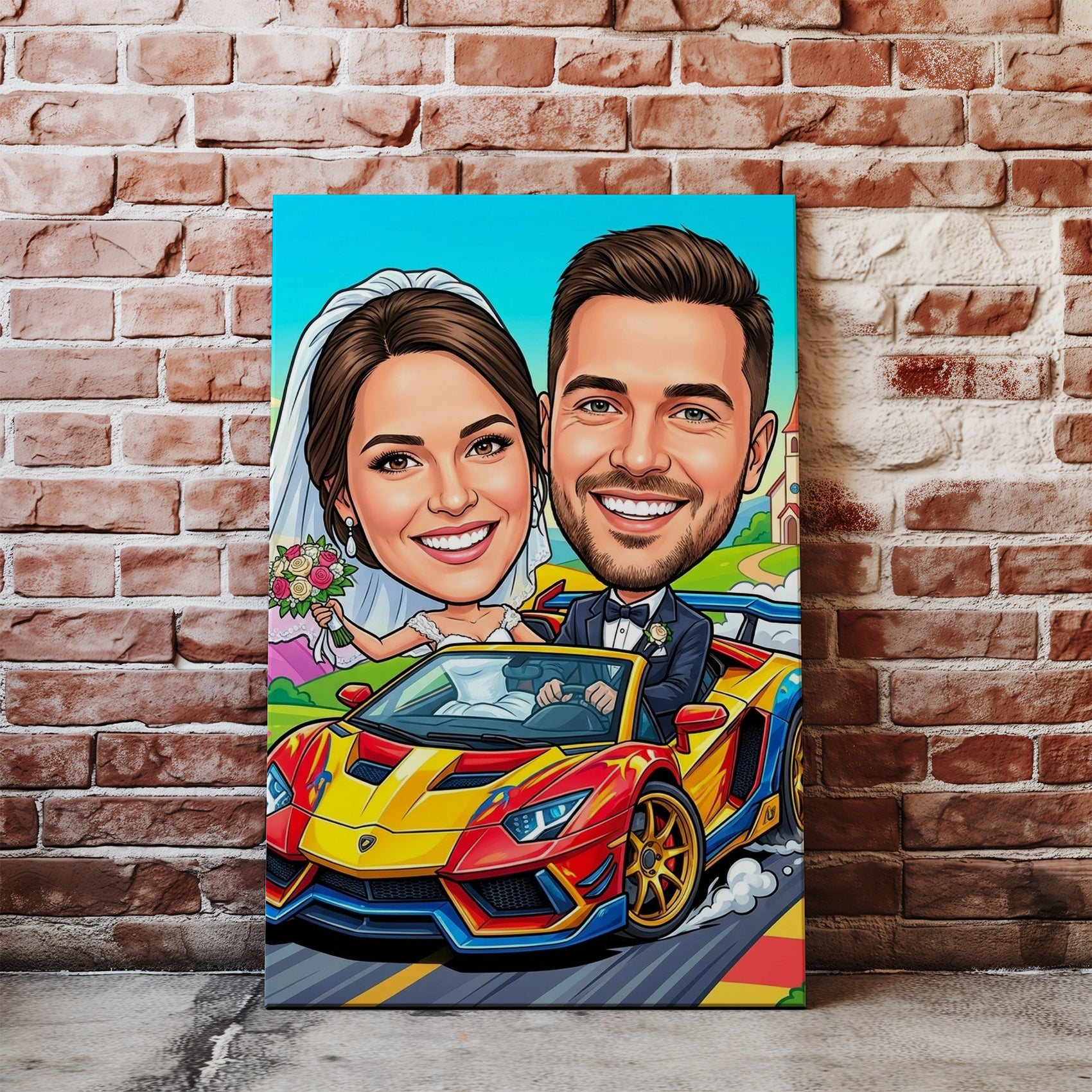 Vibrant cartoon print of smiling bride and groom in colorful Lamborghini