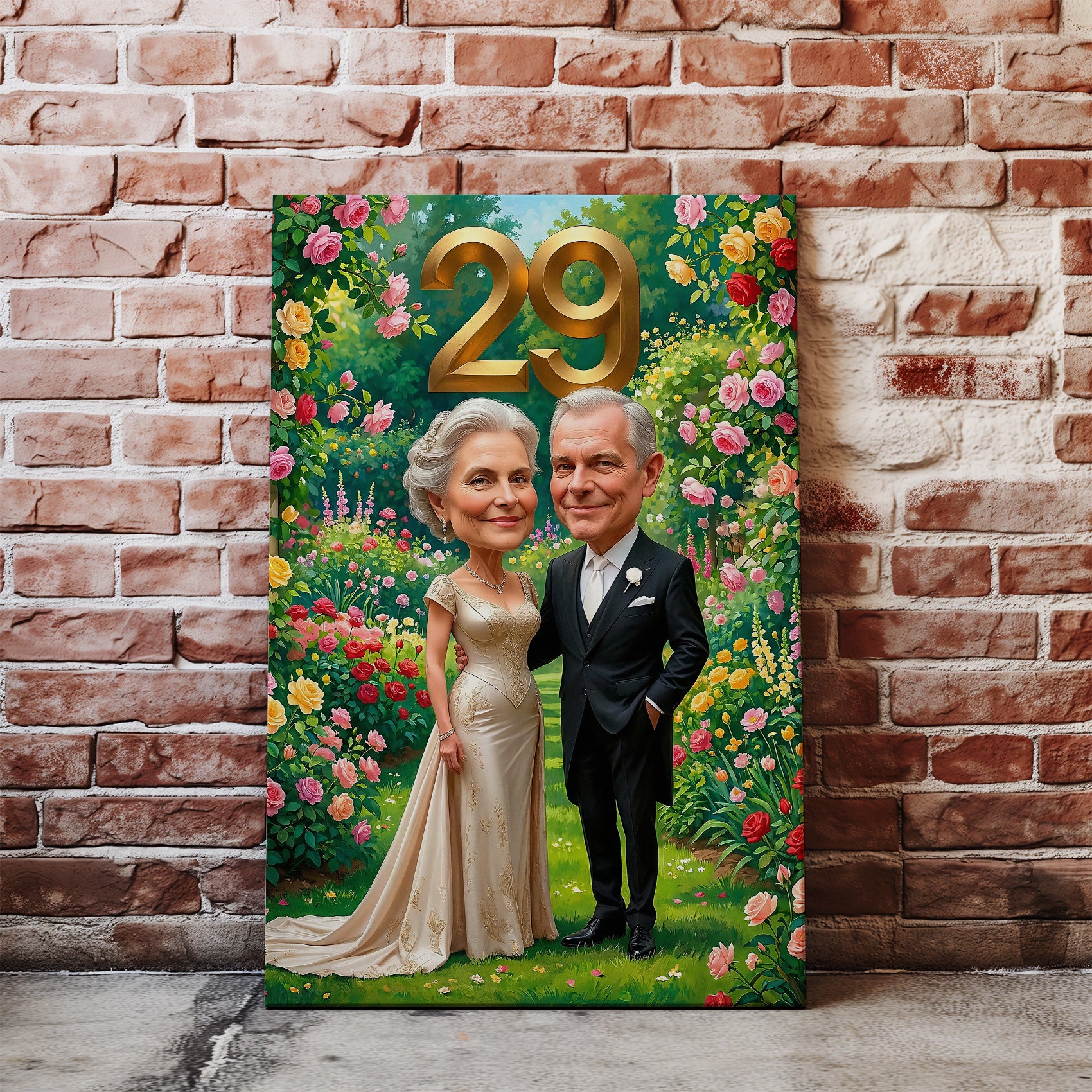 Personalized caricature of elderly couple in garden for 29th anniversary
