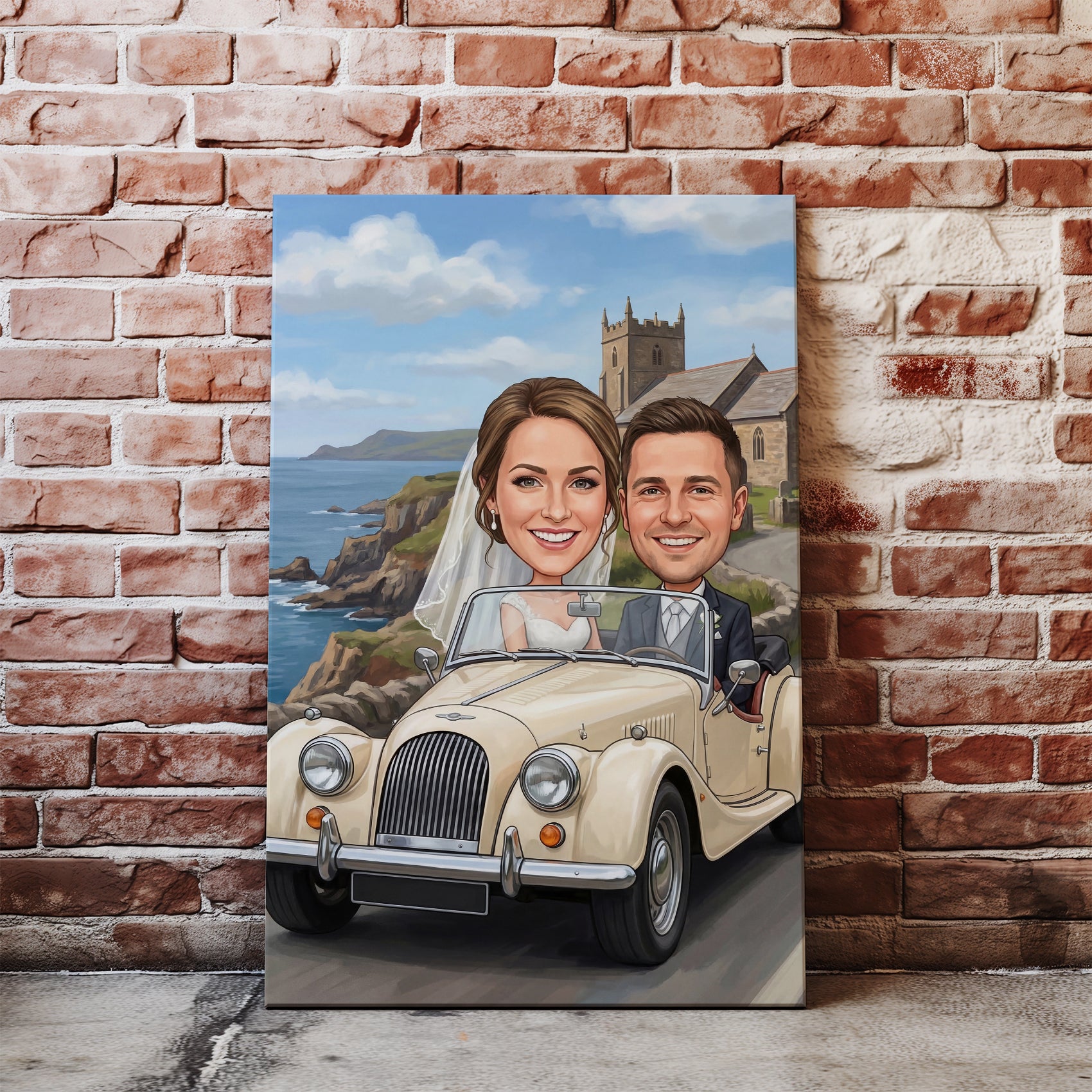 Romantyczna karykatura slubna smiling couple in beige vintage convertible