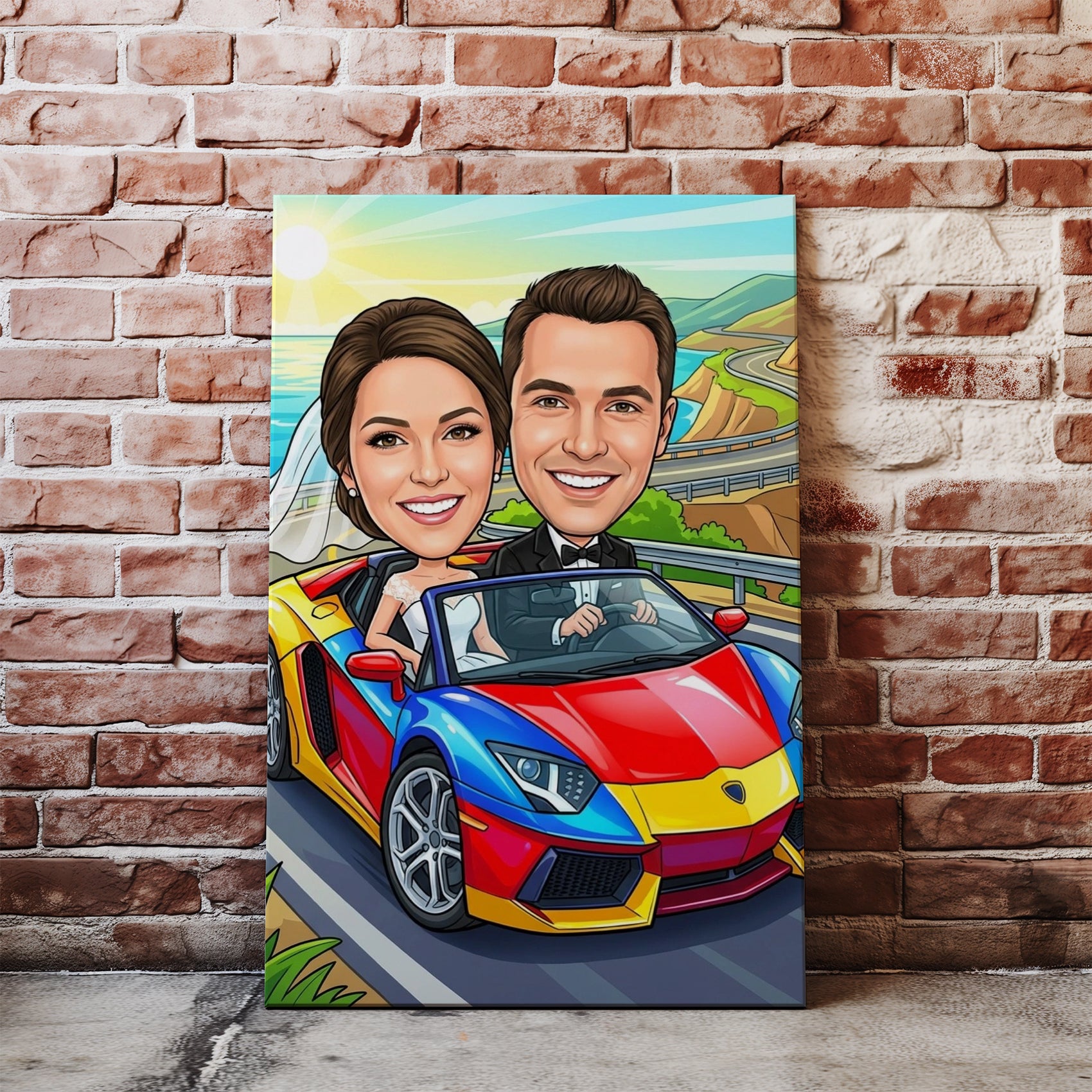 Vibrant cartoon bride and groom in sports car canvas print