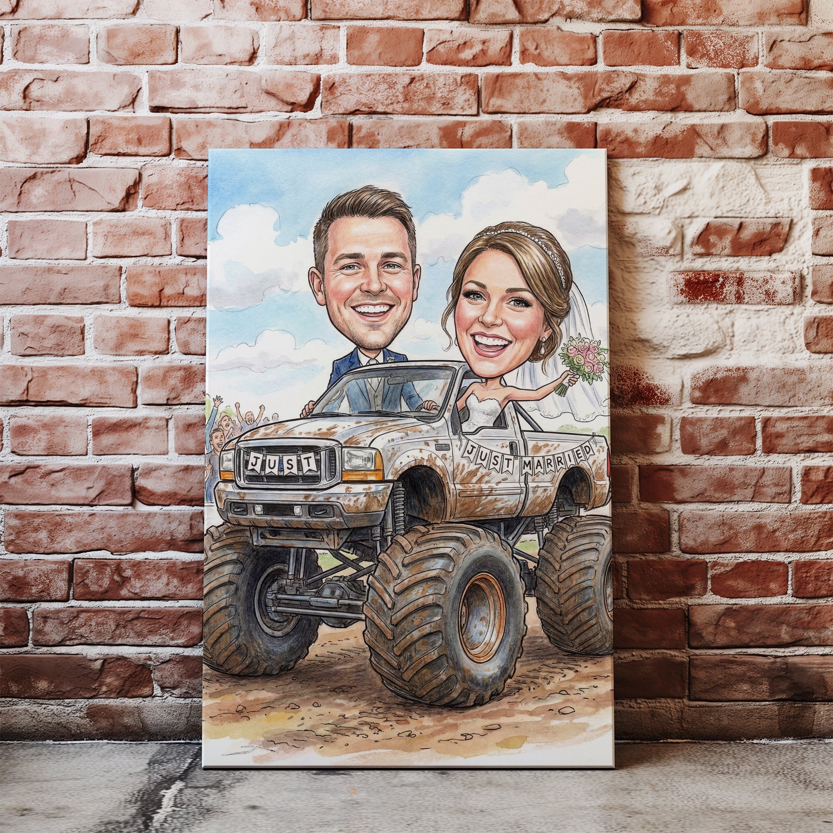 Personalized cartoon wedding caricature on monster truck canvas with just married groom and bride