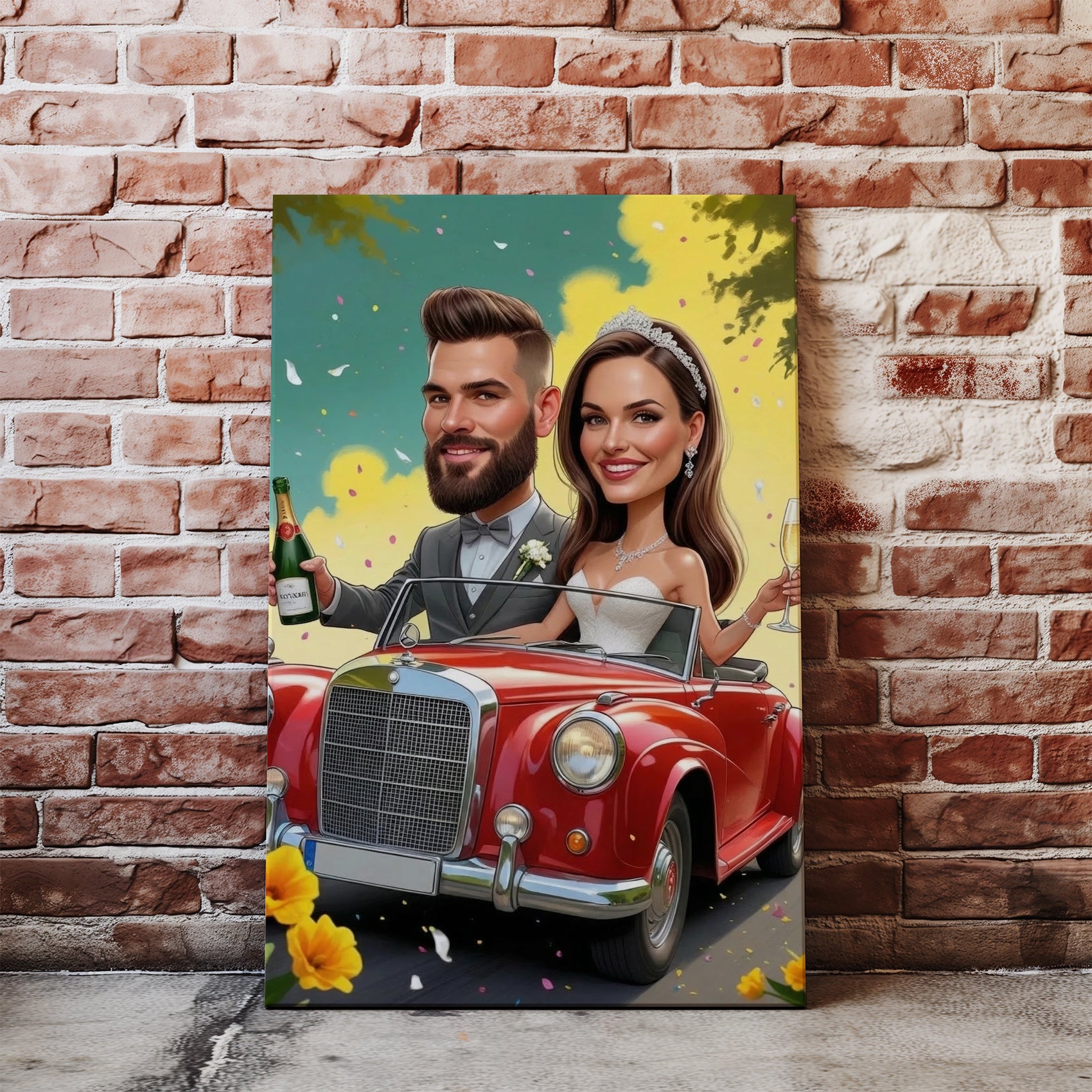 Cartoon wedding caricature of vibrant red vintage convertible car