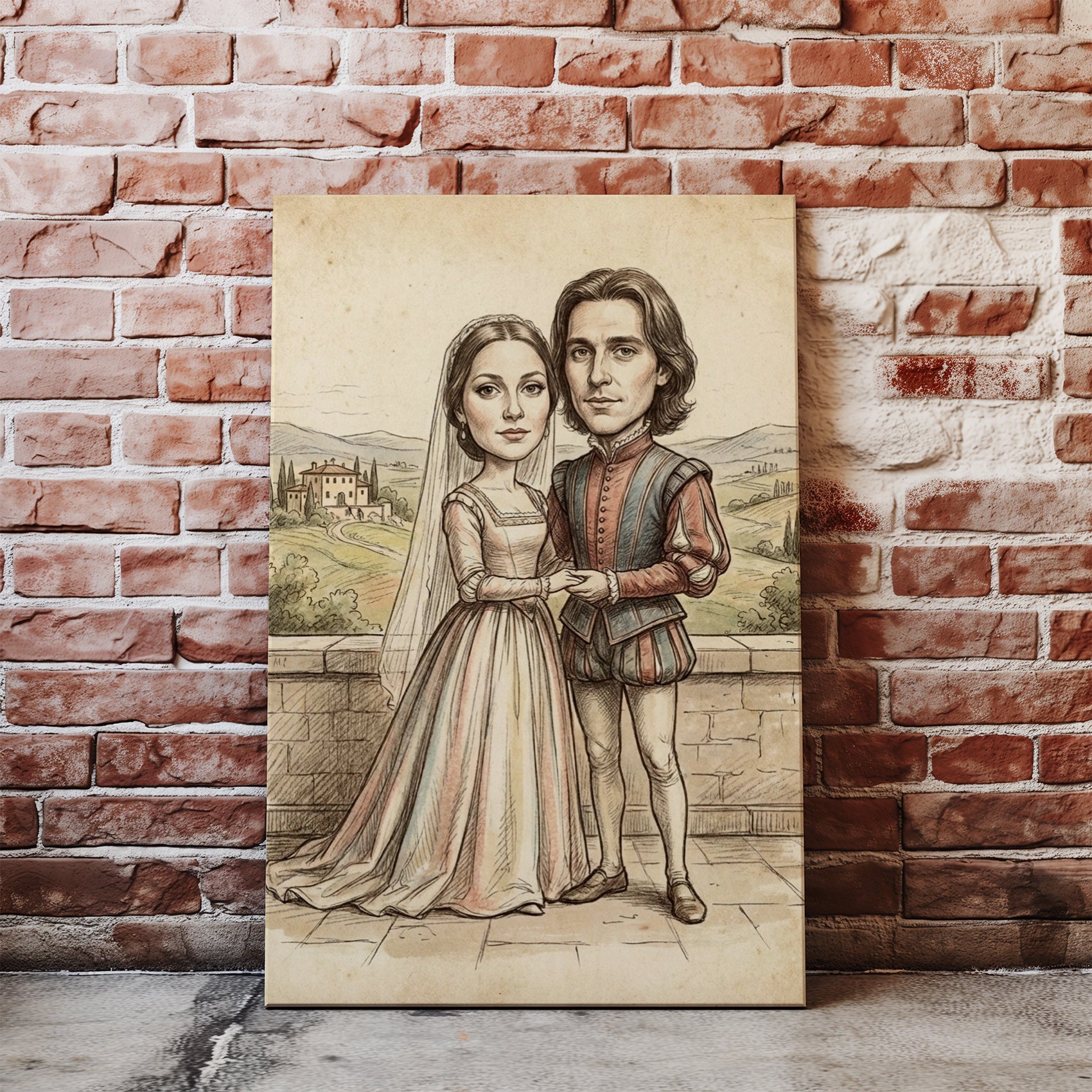 Personalized Renaissance wedding caricature portrait on canvas
