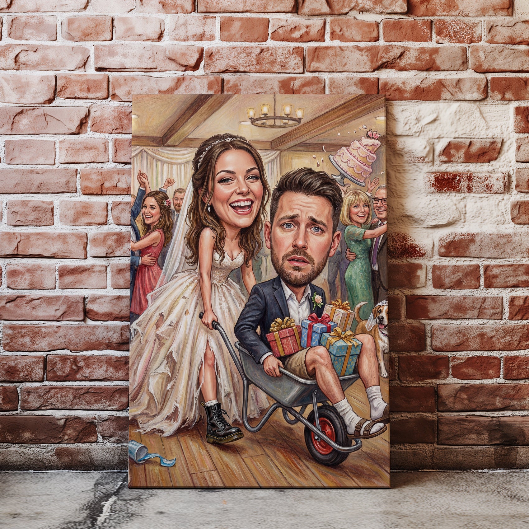 Vibrant caricature wedding portrait canvas of bride and groom in wheelbarrow with gifts