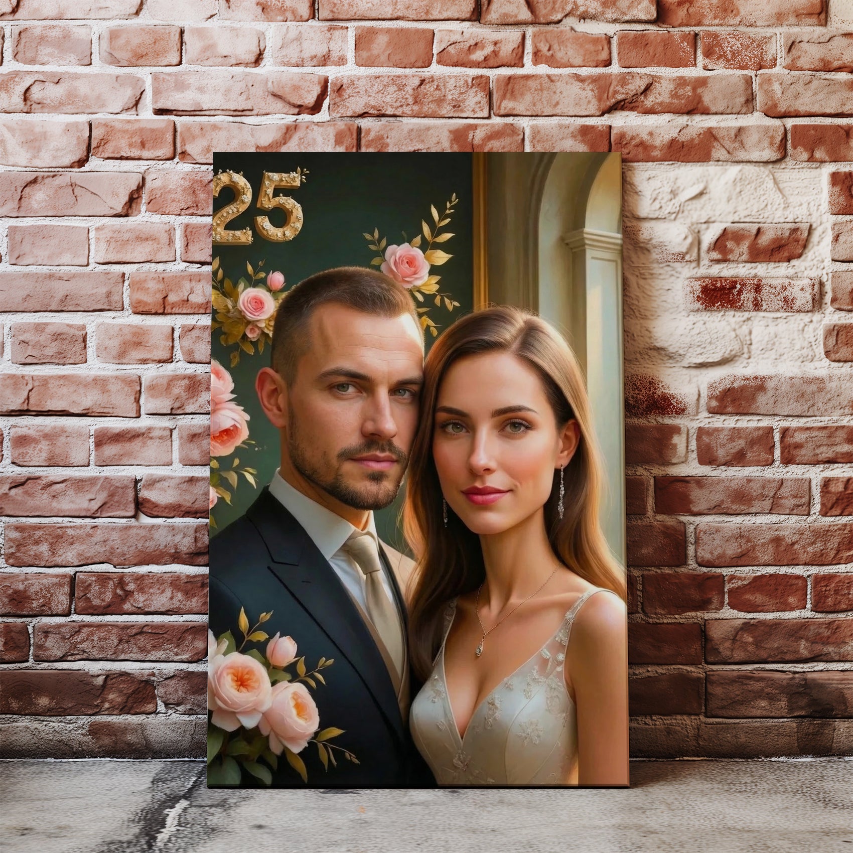 Elegant personalized wedding caricature portrait of bride and groom with pink roses and gold 25 numerals