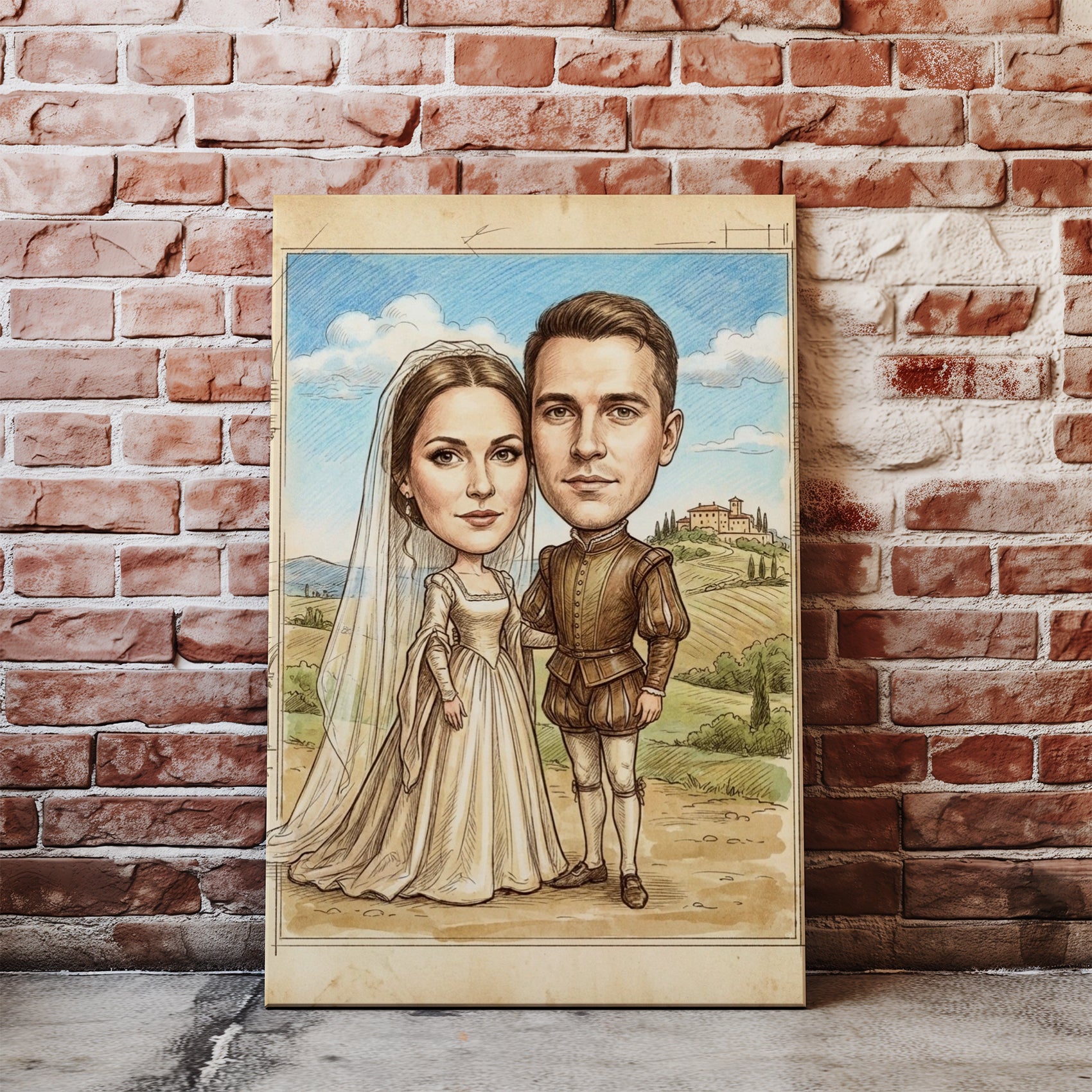 Framed retro caricature portrait of bride and groom in vintage attire