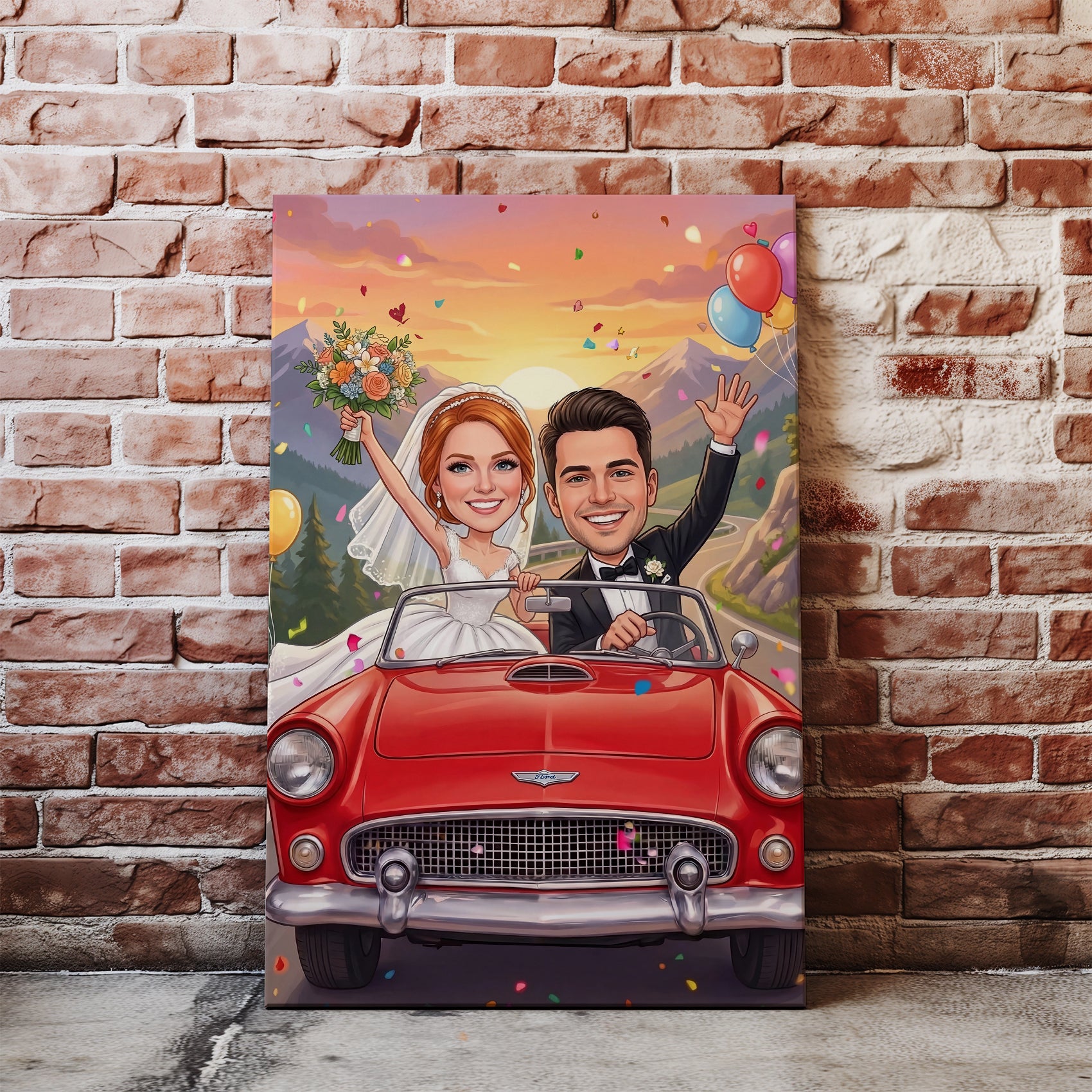 Vibrant red vintage convertible in personalized romantic wedding caricature