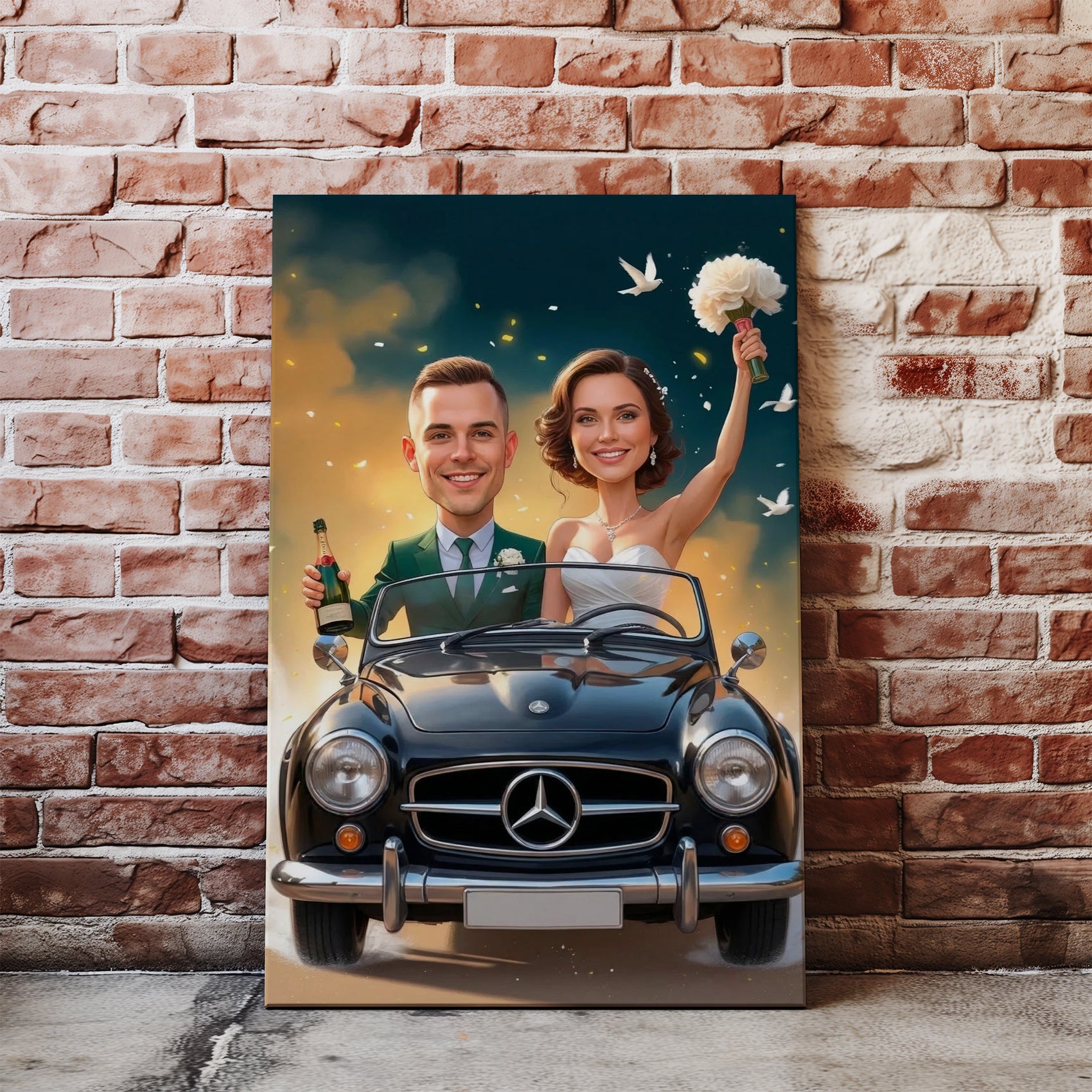 Black Mercedes-Benz convertible caricature canvas print of smiling wedding couple