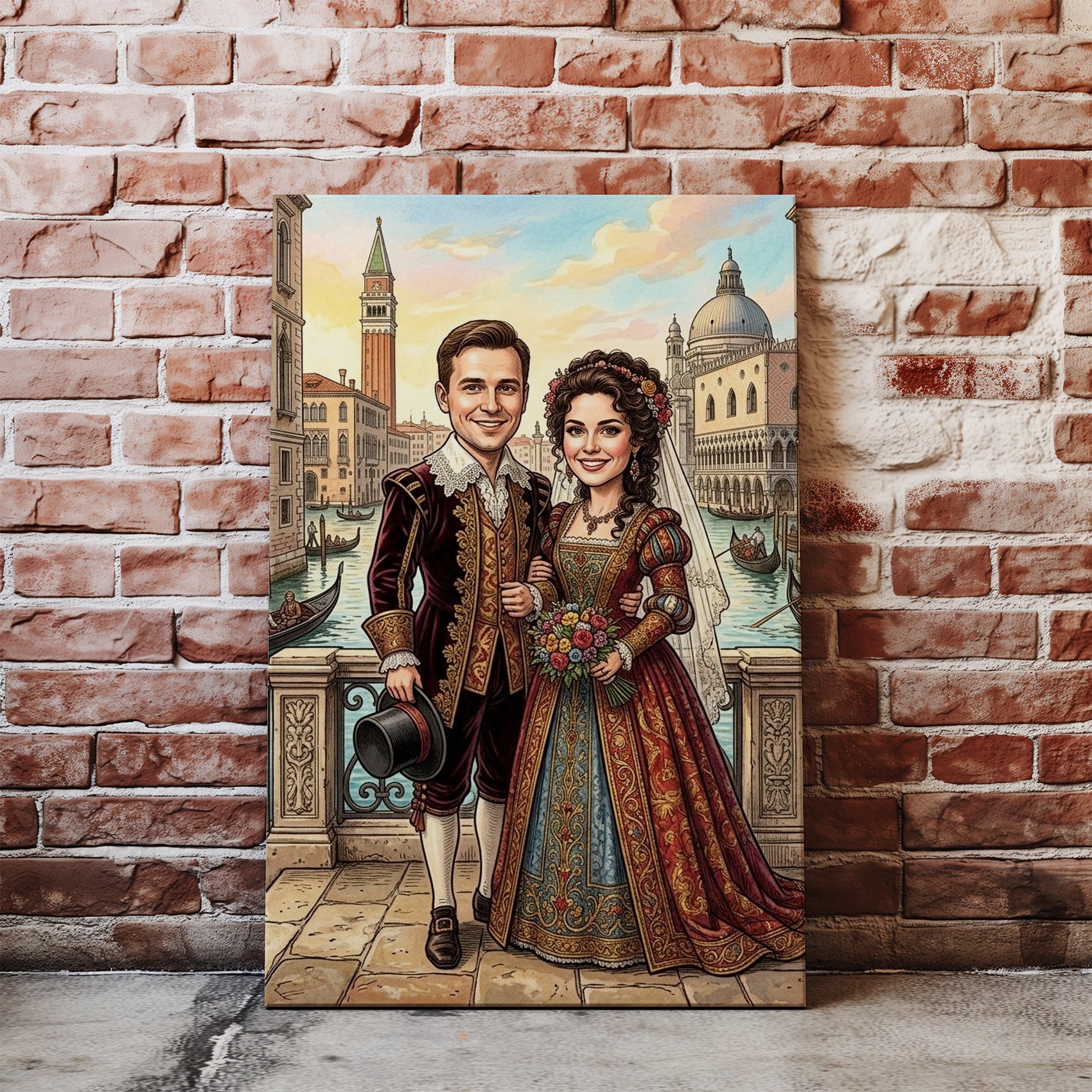 Personalized Venice wedding caricature of smiling couple in Renaissance attire on bridge