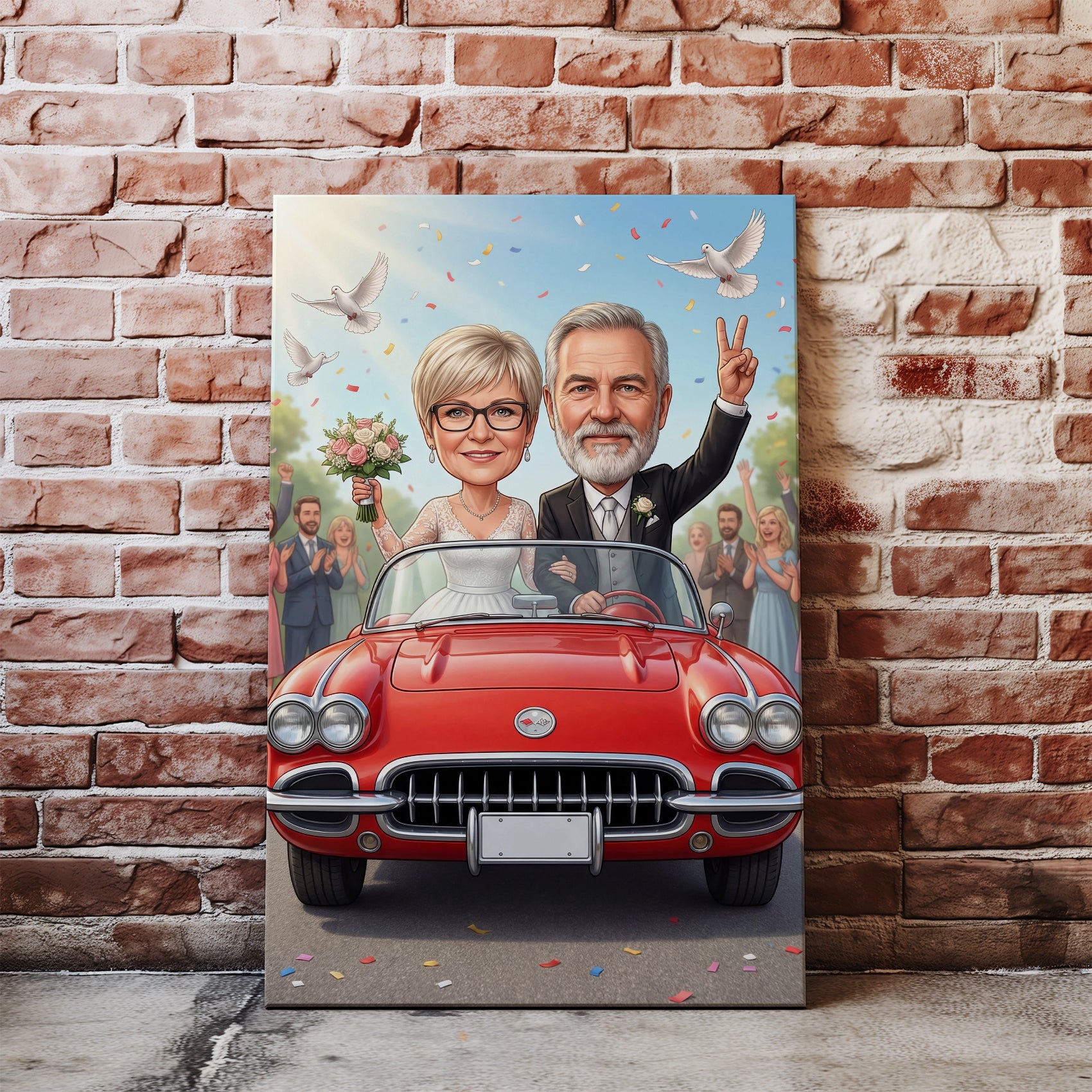 Cartoon wedding anniversary caricature of red Corvette with couple, confetti, doves