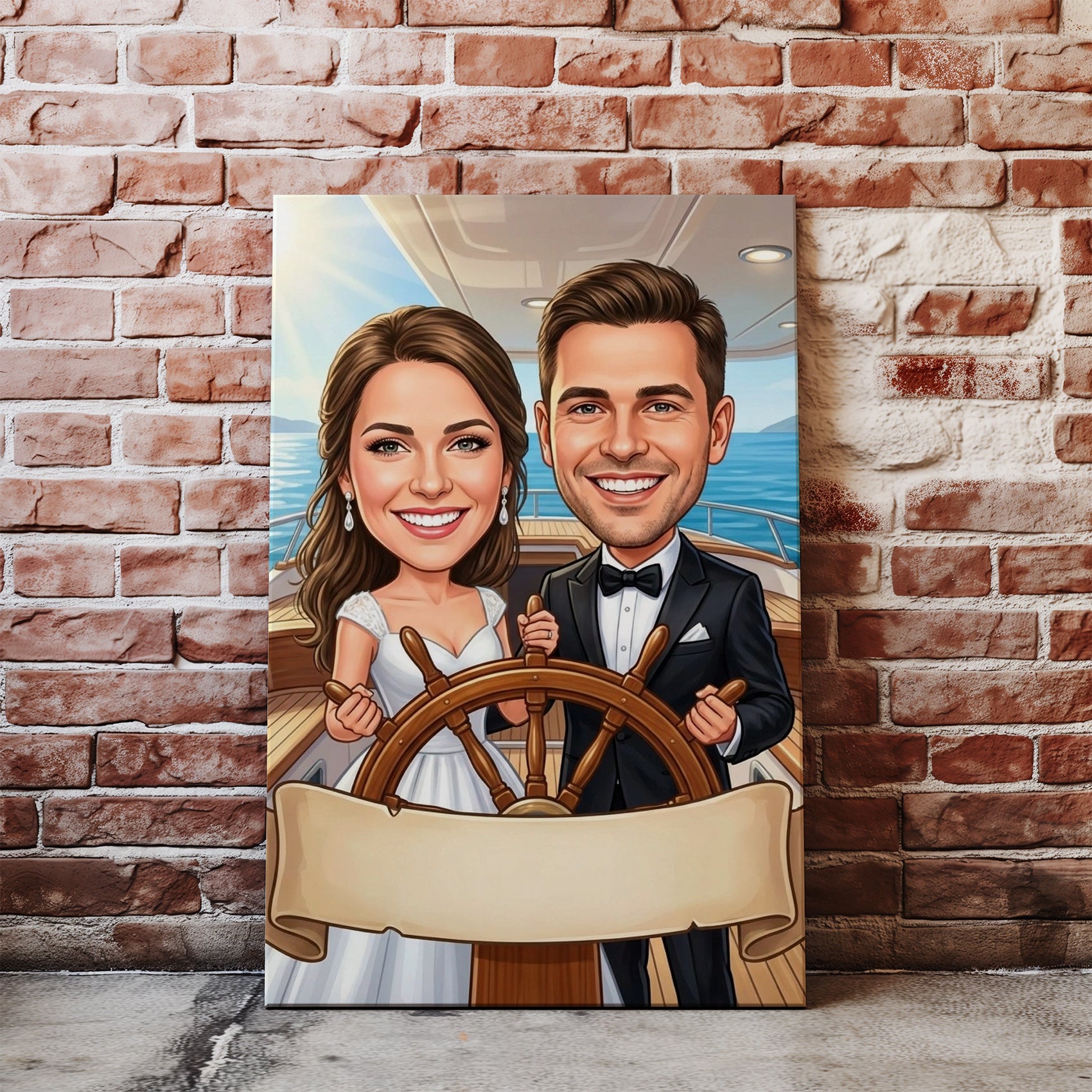 Caricature portrait of smiling wedding couple on yacht holding ships wheel