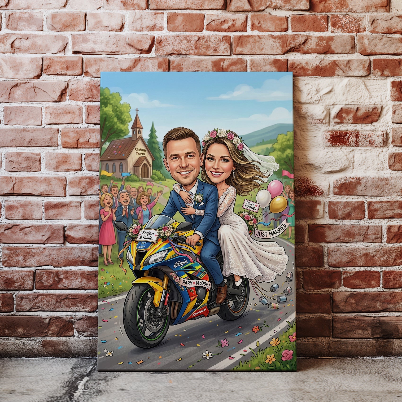 Personalized cartoon wedding caricature canvas print of newlywed couple on yellow blue motorcycle with confetti