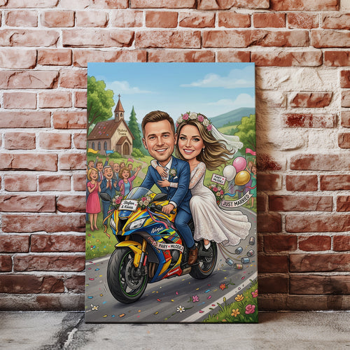 Personalized cartoon wedding caricature canvas print of newlywed couple on yellow blue motorcycle with confetti