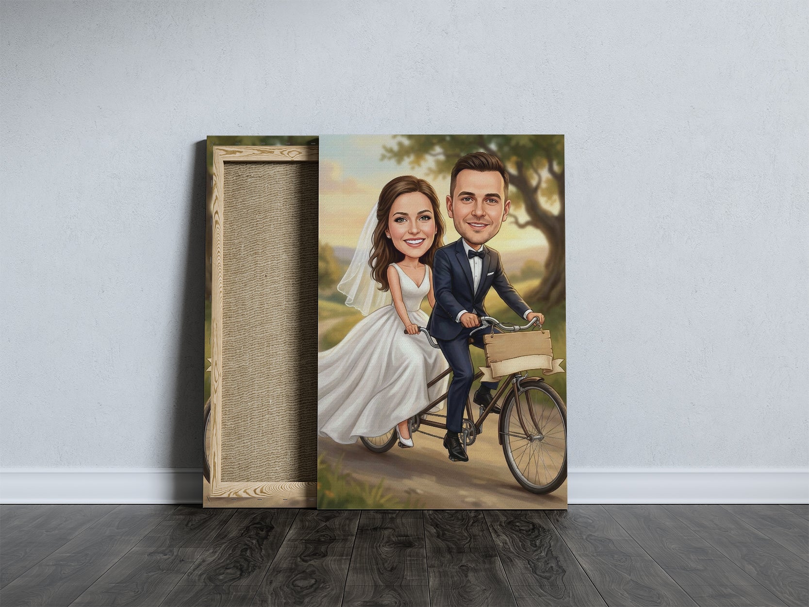 Personalized wedding caricature: bride and groom on tandem bike, framed