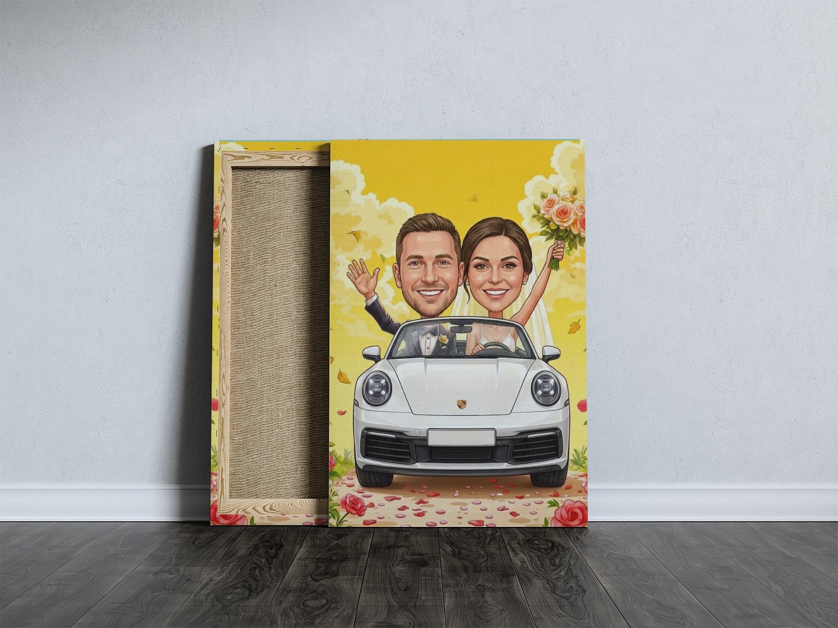 Vibrant yellow wedding caricature print of smiling couple in white Porsche for newlyweds