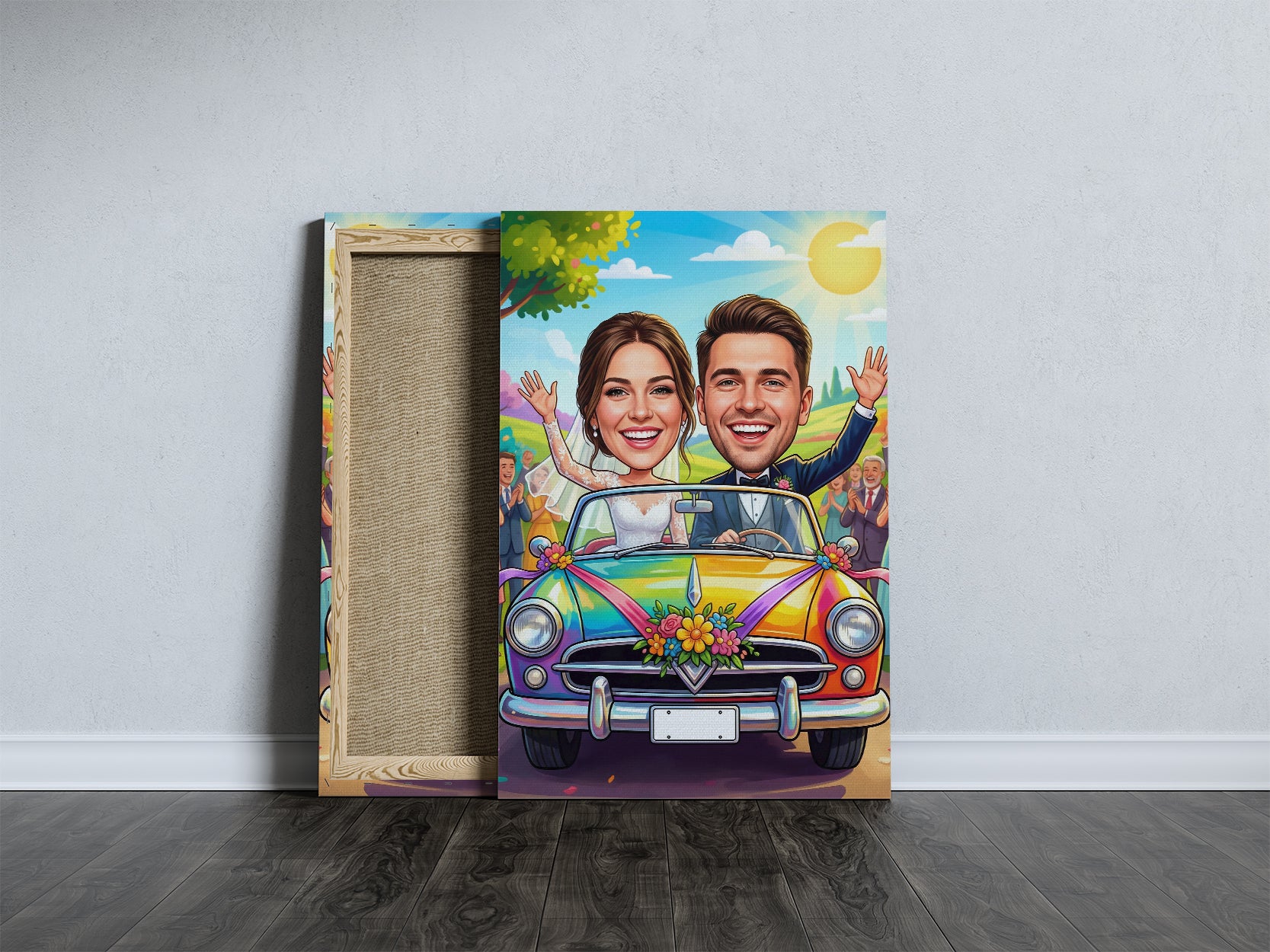 Vibrant rainbow cartoon wedding car canvas print with waving couple