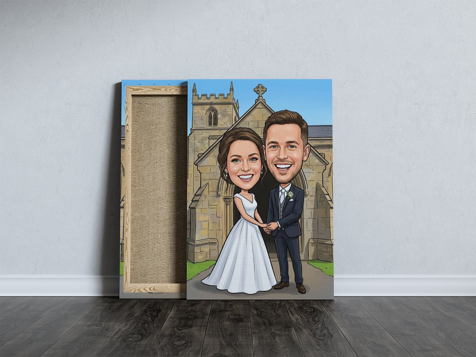 Personalized wedding caricature of smiling couple in church attire