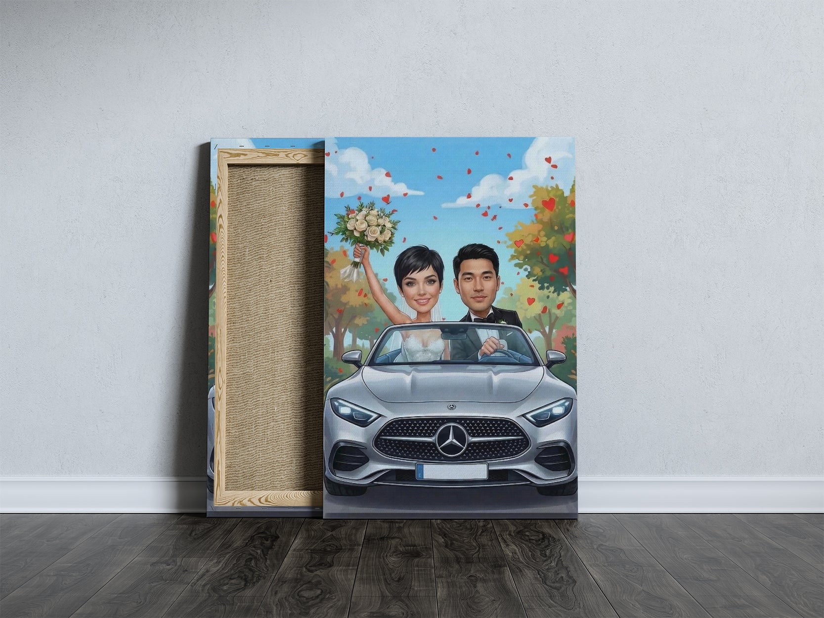 Cartoon portrait of smiling couple in silver Mercedes-Benz AMG GT convertible, autumn drive, wedding caricature