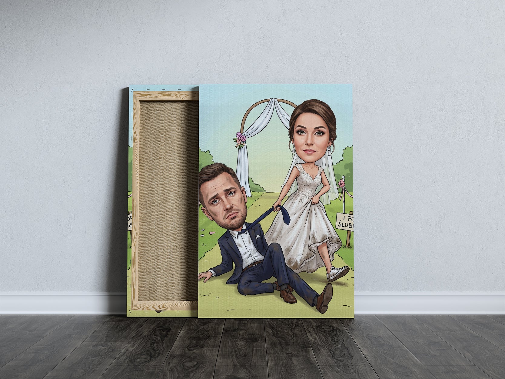 Back of unframed whimsical cartoon wedding portrait canvas with bride in white gown and groom in dark suit