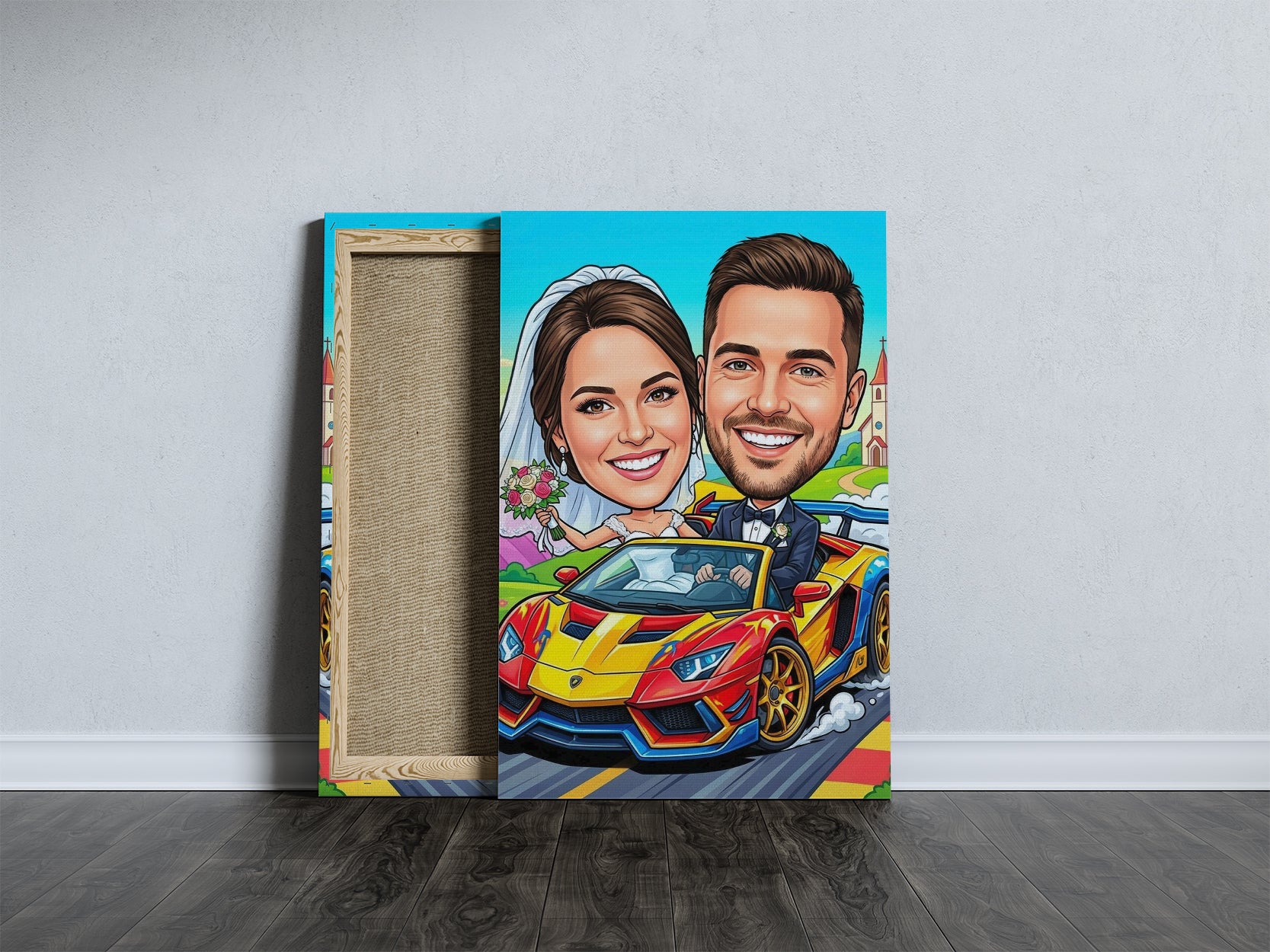 Vibrant cartoon bride groom in yellow red sports car wood frame print