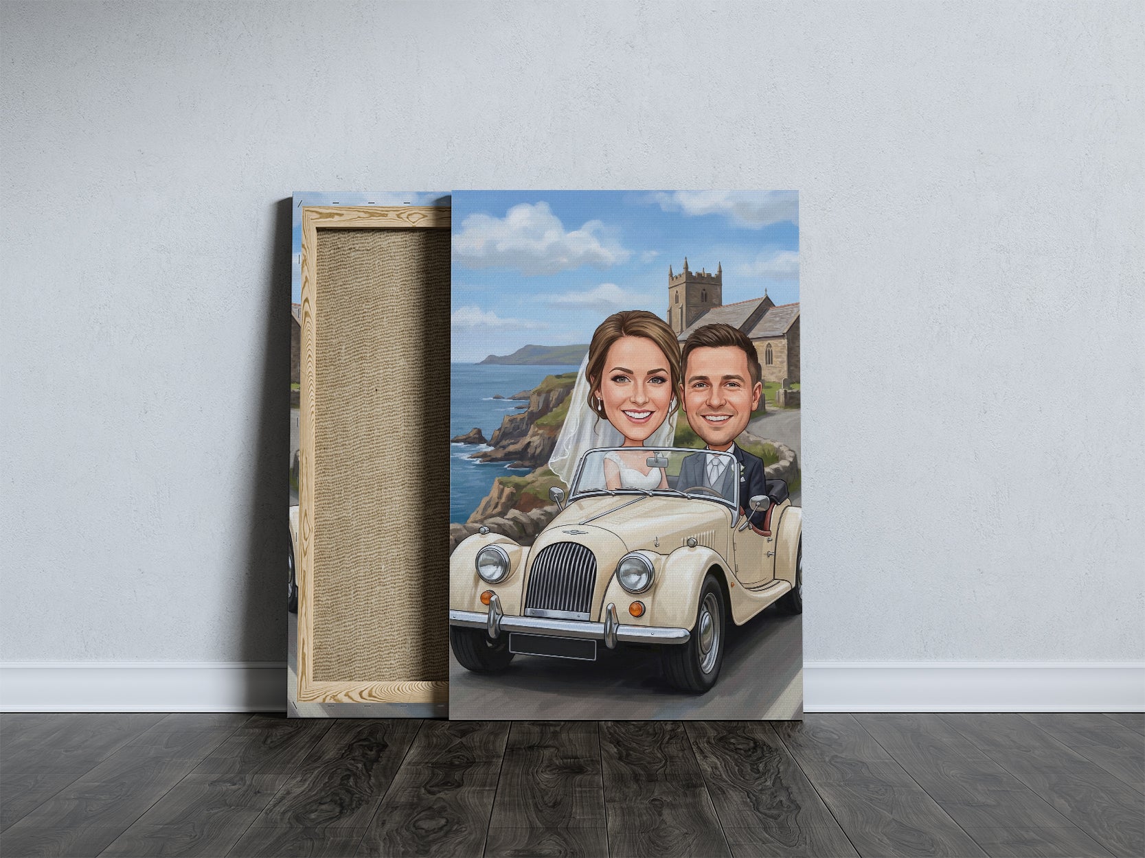 Romantyczna karykatura ślubna smiling couple in beige vintage convertible by coastal church