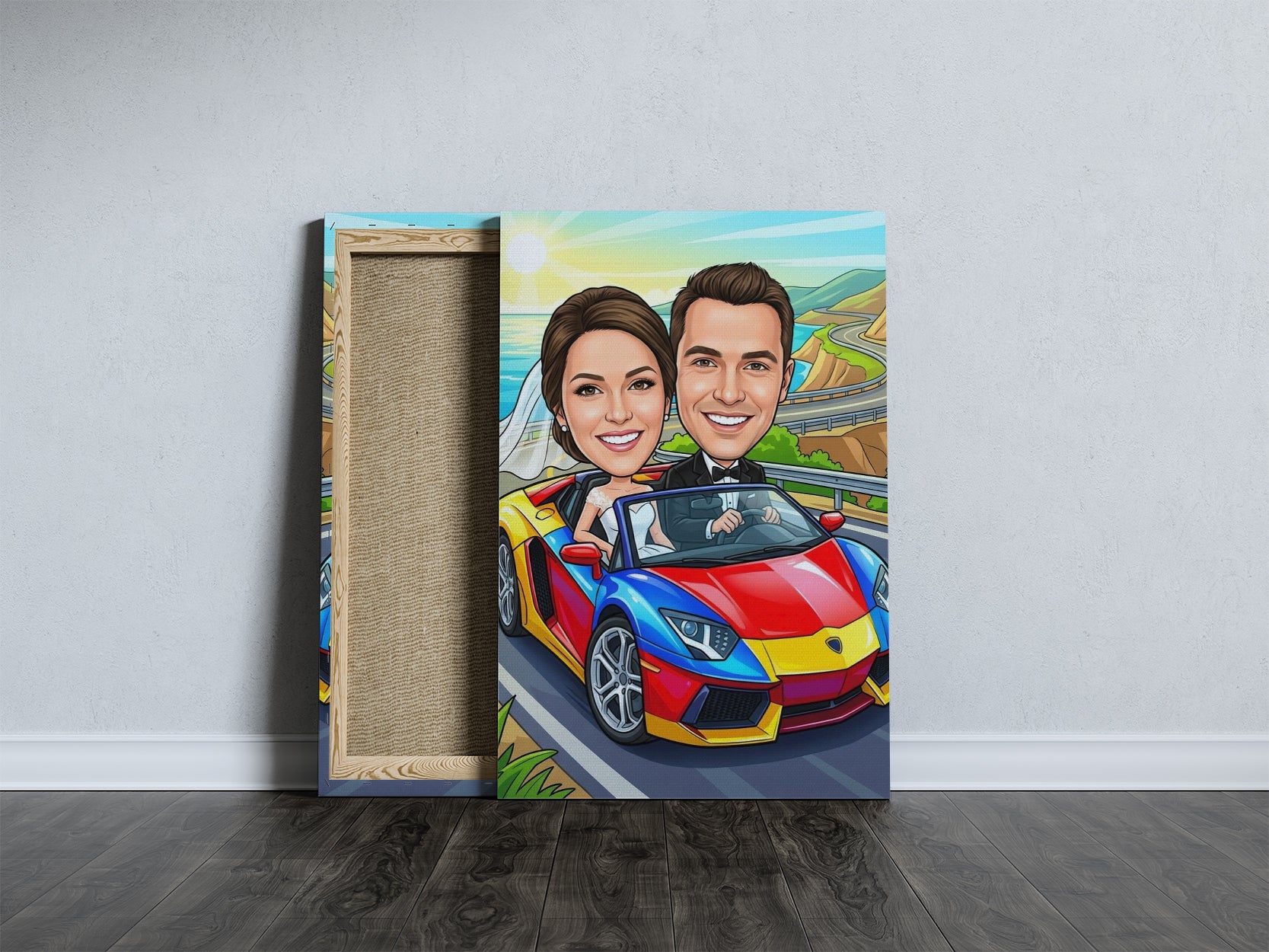 Vibrant cartoon wedding caricature of smiling couple in sports car on canvas