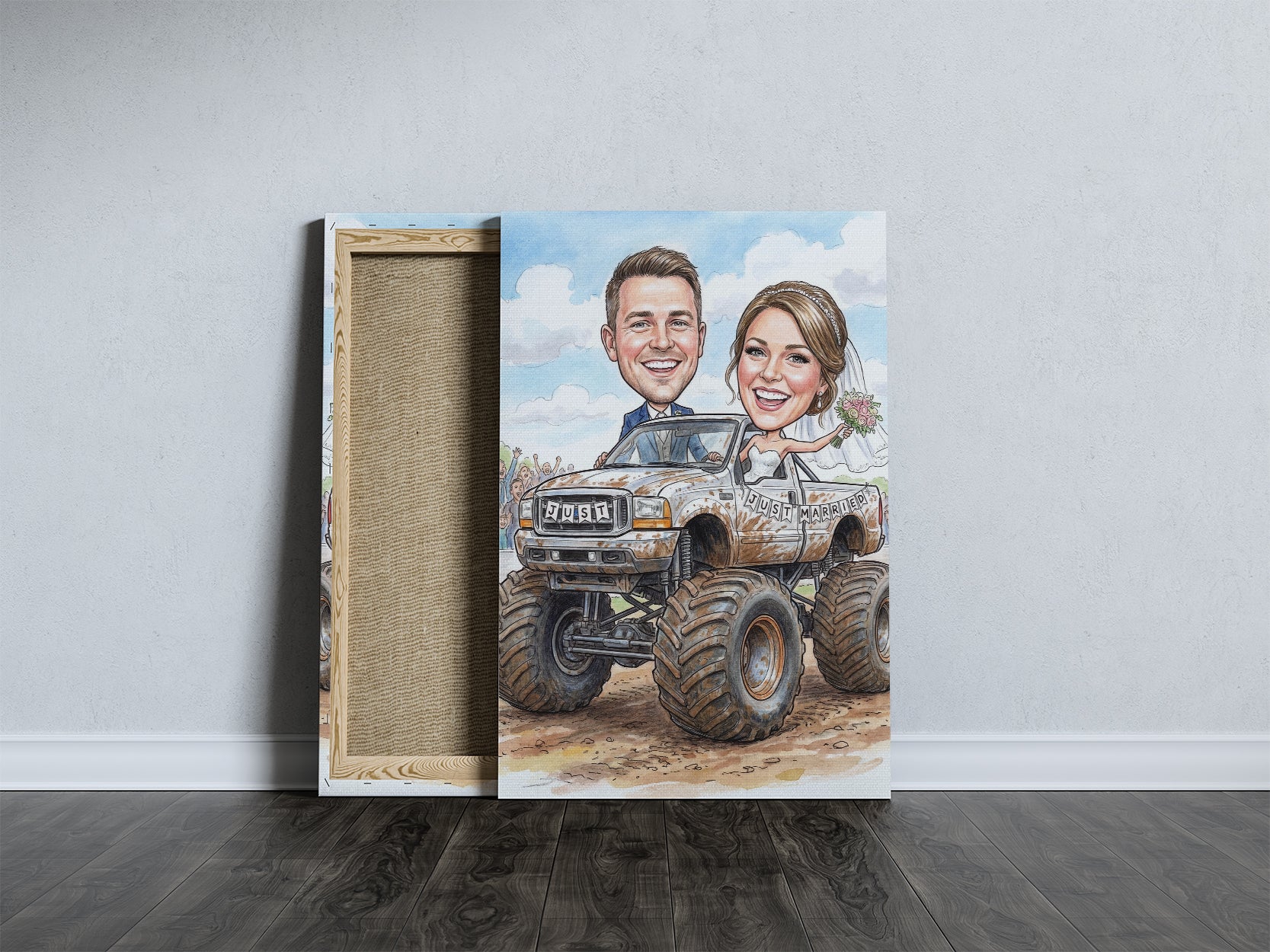 Caricature wedding couple on customized Ford monster truck with Happy Marriage side art