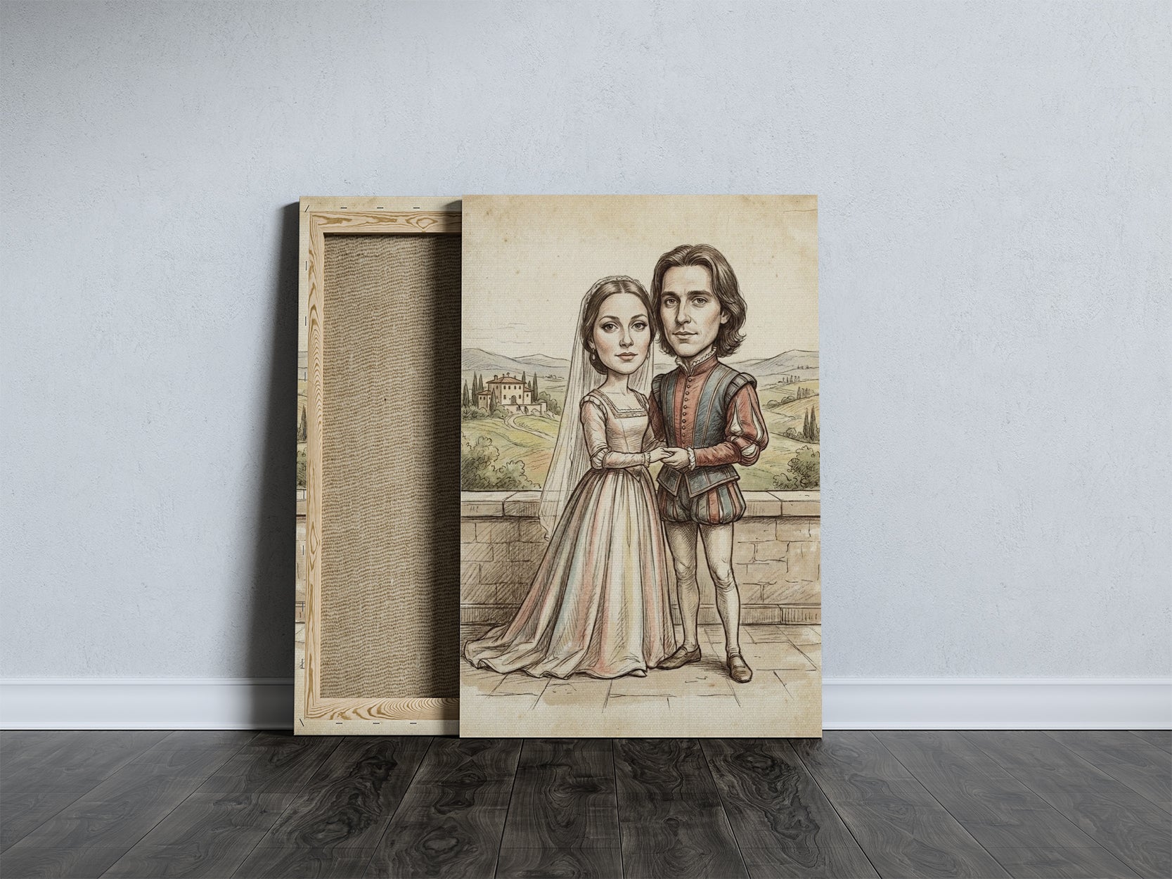 Personalized Renaissance wedding caricature portrait of couple in sepia ink