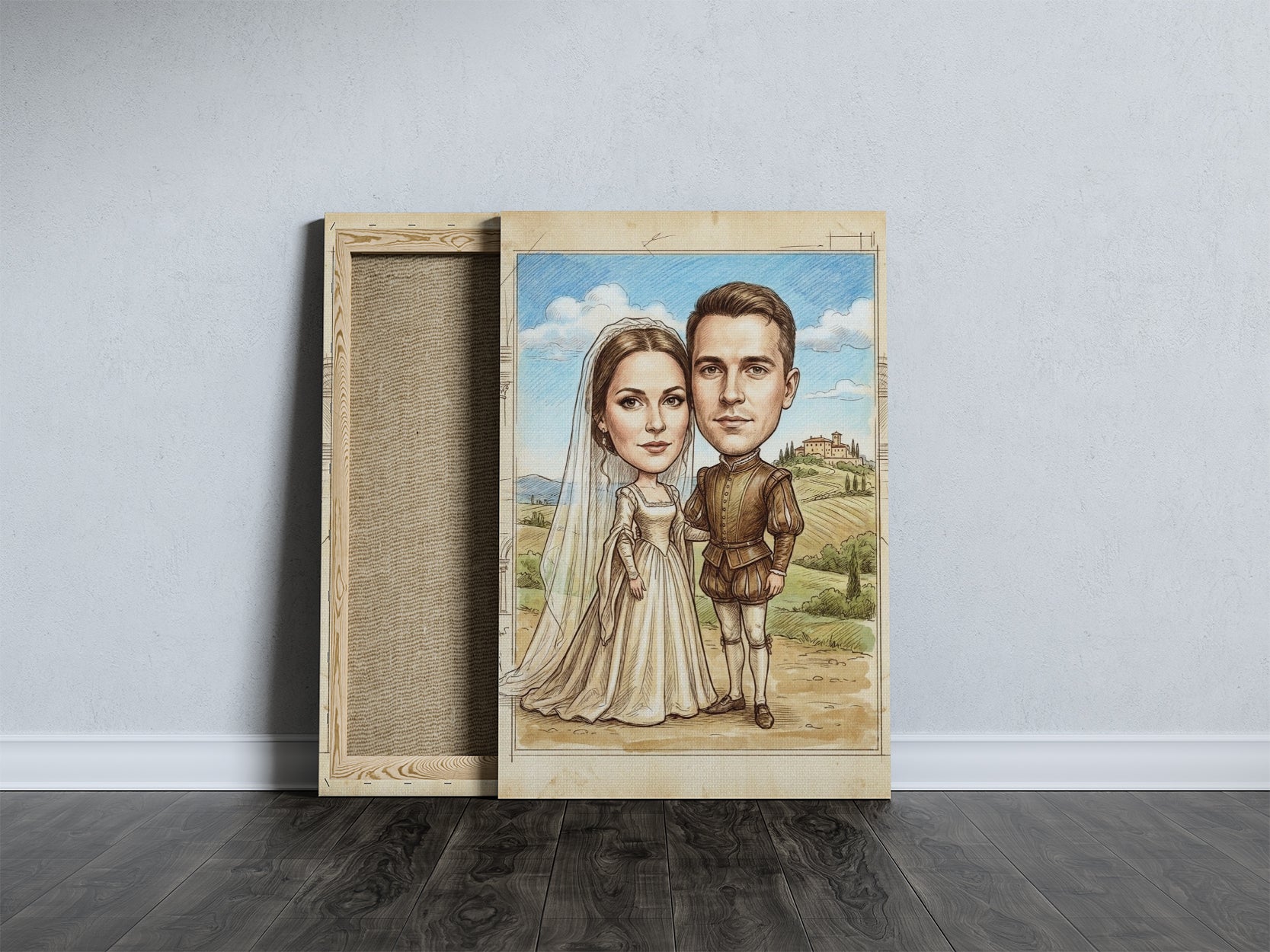 Framed retro wedding caricature of couple in vintage attire on Tuscan backdrop